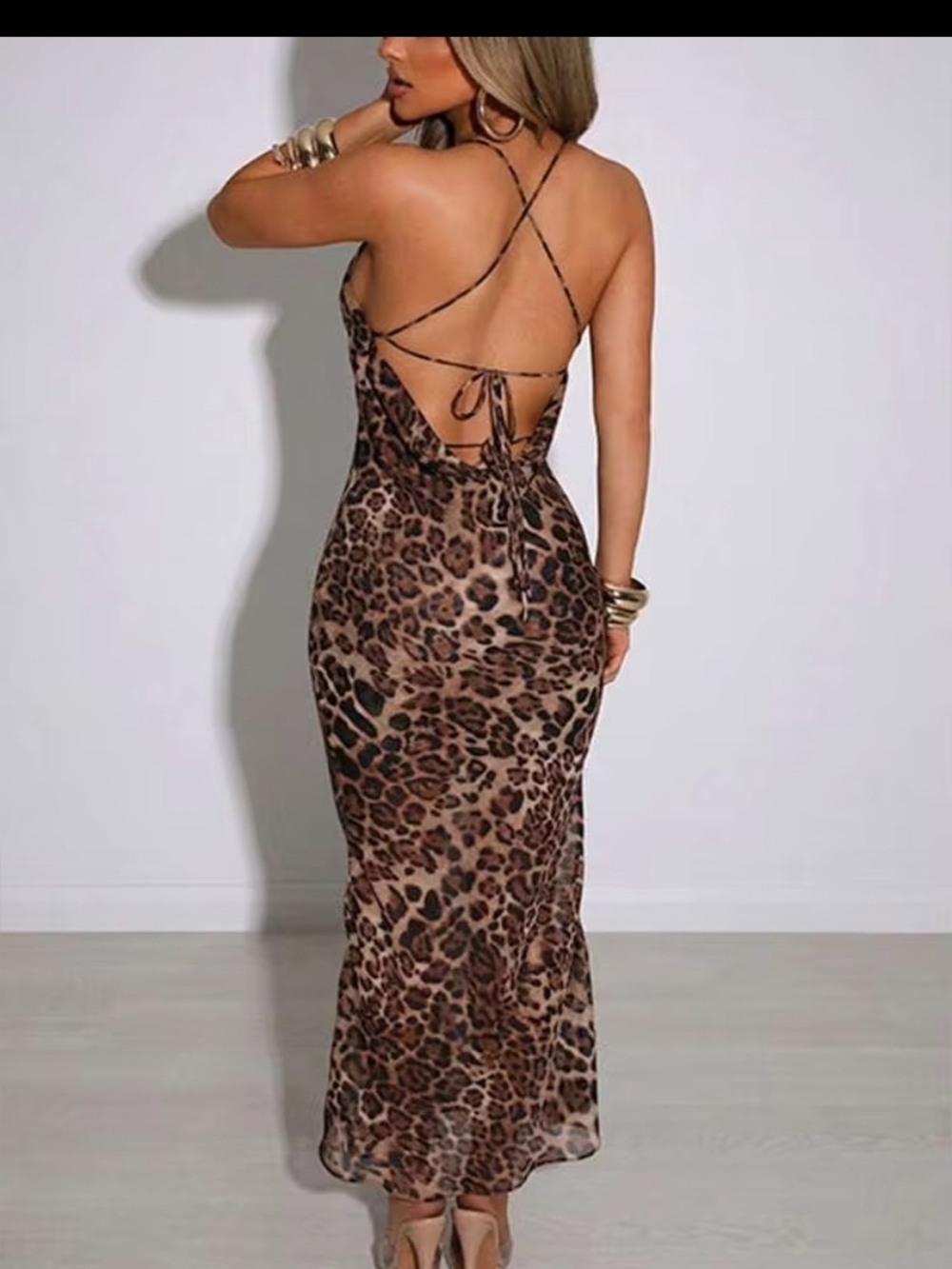 SHEIN Brown Leopard Print Backless Strappy Slip Dress